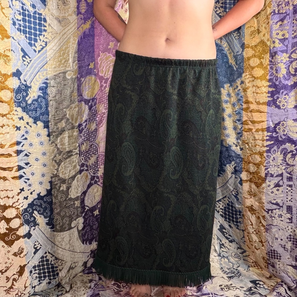 90s Green Paisley Indie Witchy Bohemian Tapestry Fringe Hem Skirt Size 4X